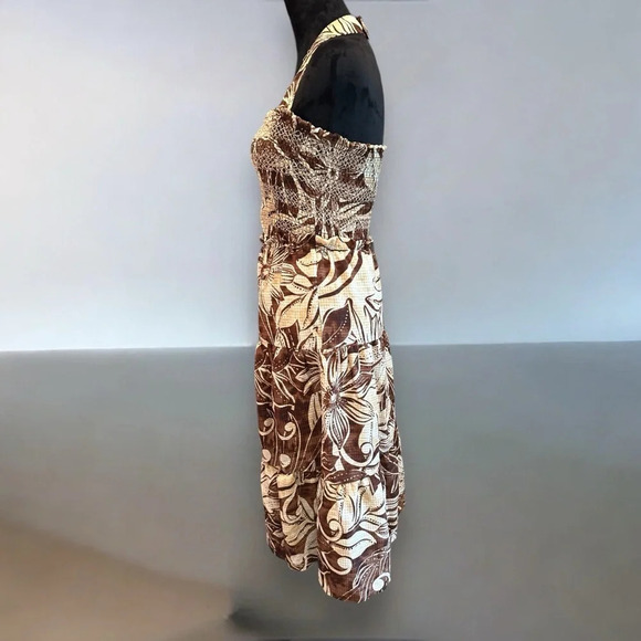 Sam Edelman SMOCKED SLIT-FRONT HALTER MIDI DRESS floral beige and brown sz med - Picture 2 of 9
